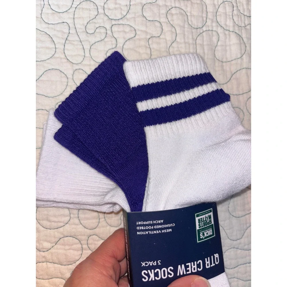 DSG Women 5-10 Quarter Crew Socks 3 Pack White Purple Striped Athletic